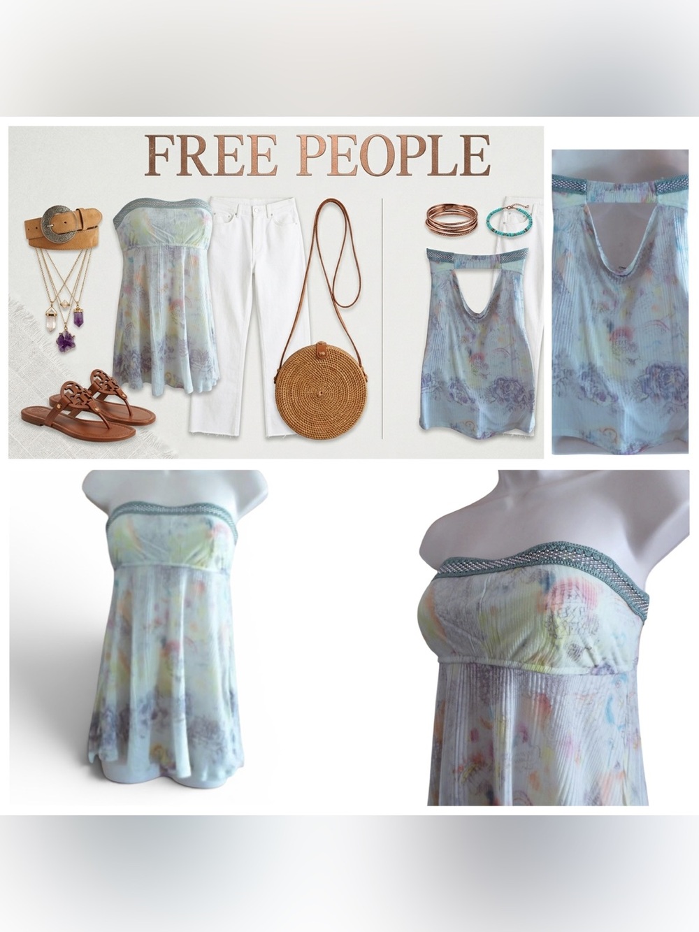 Vintage Free People Beaded Strapless Pastel Floral Cami Tank Top Large Y2K - Picture 15 of 16